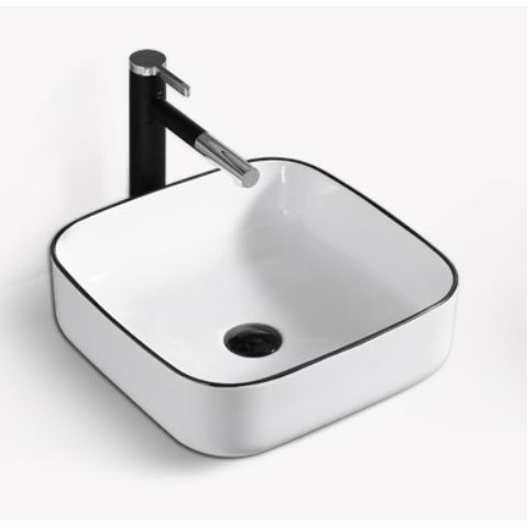 Square Ceramic Counter Top Basin Gloss White with Black Edging 390 x 390 x 140mm