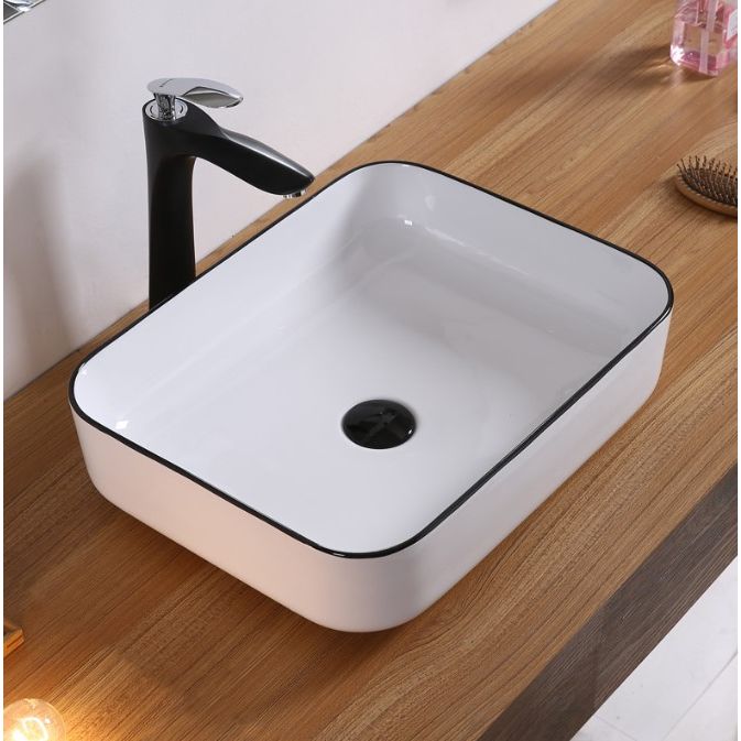 Rectangle Ceramic Counter Top Basin Gloss White with Black Edging 510 x 400 x 135mm