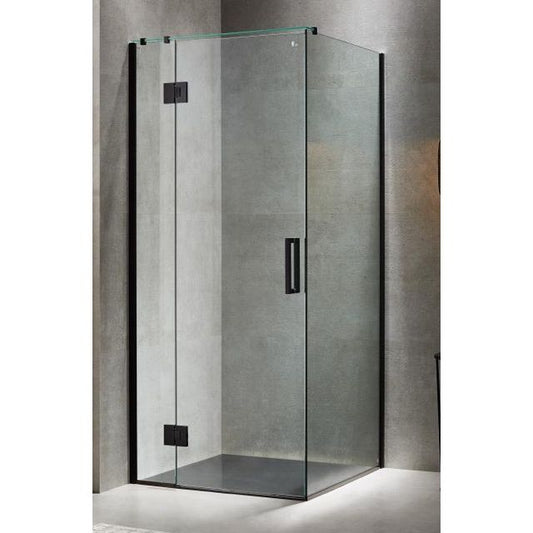 Frameless Hinged Shower Glass Door & Return Panel Matte Black Hardware 900 x 900mm